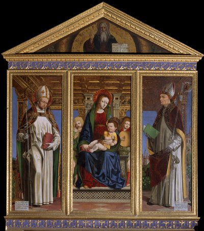 Jomfru og barn med de hellige Saint Hugh av Avalon (eller Hugh av Lincoln) (1140-1200) og Saint Hugh av Grenoble (eller Hugh av Chateauneuf) (1053-1132) Maleri av Ambrogio da Fossano dit il Bergognone (1481-1522) Cathedrale Saint Just, Susa, Torino av Ambrogio da Fossano (c.1460 1523)