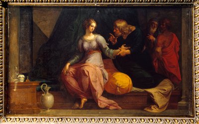 Doktoren Acestinus undersøker Chariclee illustrasjon av "The Ethiopics or History of Love of Theagene and Chariclee" av Heliodore (Heliodoros) av Emese (4. århundre e.Kr.). Maleri av Ambrose Dubois (1542-1614) 1610 Søn. 1,3x2,35 m Fontainebleau-museet for  av Ambroise Dubois