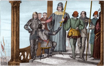 Charles V (1358-80) den vise presenterer sverdet sitt til Duguesdin - Charles V Le sage (1338-1380) presenterer høytidelig sverdet til den konnetable Bertrand du Guesclin (1320-1380) - Gravering 1825 i "Histoire de France representert av synoptiske malerie av Ambroise Tardieu