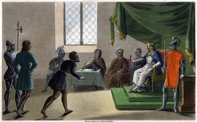 Childebert II den rettferdige yter rettferdighet til sine undersåtter (711). Designet og gravert av Ambroise Tardieu i 1825. av Ambroise Tardieu
