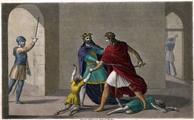 Childebert I lot Clotaire (Clothaire) slakte barna til deres bror Clodomir, kongen av Orleans, hvis stater de deler. Designet og gravert av Ambroise Tardieu i 1825. av Ambroise Tardieu