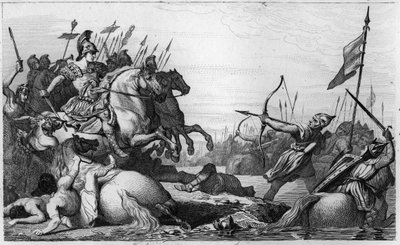 Clodion, The Hairy (c428-47) trekker seg tilbake over broen etter hans nederlag mot Aetius - Clodion dit "" Le Chevelu"" (ca. 428-ca. 448), stamfar til merovinger, leder av Salians Francs - Clodion er beseiret av Aetius, general av Valentinien III, som av Ambroise Tardieu