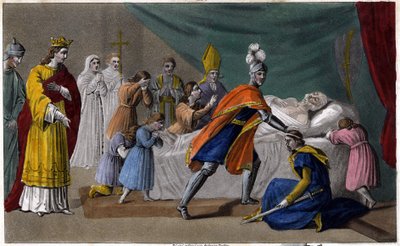 Død av Pepin av Herstal (635-714) omgitt av sin familie - Død av Pepin de Herstal (bestefar til Pepin le Brief), omgitt av sin familie og i nærvær av Dagobert III (714) - Tegn og grav av Ambroise Tardieu i 1825 av Ambroise Tardieu