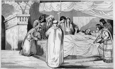 Death of Pepin of Herstal (635-714) surrounded by his family - Death of Pepin de Herstal (grandfather of Pepin le Brief), surrounds his family and in the presence of Dagobert III (in 714) - Engraving 1825 in “Histoire de France represented by synoptic pain av Ambroise Tardieu