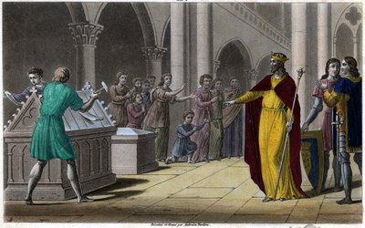 Grimoald, sønn av Pépin den eldre, borgermester i palasset i Austrasia (642) under Sigebert III. Designet og gravert av Ambroise Tardieu i 1825. av Ambroise Tardieu