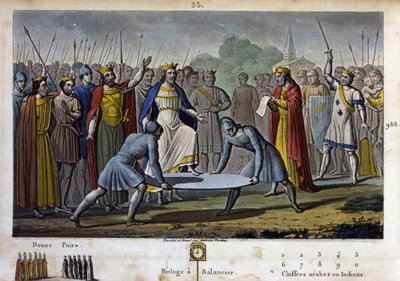 Hugues Capet (v. 941 - 996) ble valgt til konge av Frankrike (i 987), ved enstemmig samtykke (hovedsakelig takket være Gerbert d'Aurillac, fremtidige pave Sylvestre II), i en forsamling av det store riket holdt i Noyon (Hugues Capet) reiser seg på skjo av Ambroise Tardieu