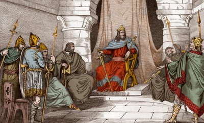 Kong Charibert (521-567) i råd med sorenskrivere - Caribert eller Cherebert, konge av Paris (561-567) som holder råd, eller han ytet rettferdighet - Gravering av 1825 i "Histoire de France representert av synoptiske malerier dediee til barna i Frankrike og av Ambroise Tardieu