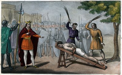 Lord Bodillon blir pisket etter å ha klaget over Childeric IIs (653-73) skatteøkning - Childeric II har bundet seg til en post, og slått som en slave, en burgundisk herre ved navn Badillon eller Bodillon, for å ha våget å presentere ham faren for en overdr av Ambroise Tardieu