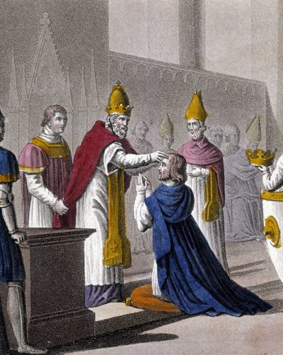 Ludvig II ble innviet for andre gang ved Troyes-konsilet av Johannes VIII i 879 (detalj av 33595). Designet og gravert av Ambroise Tardieu i 1825. av Ambroise Tardieu