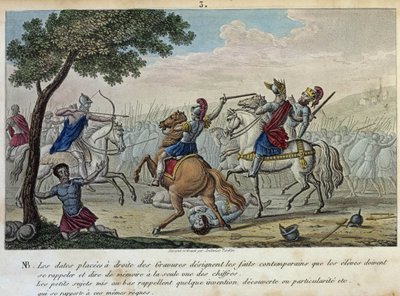 Merovee (447-458) trosser Attila ved Catalaunique-markene nær Troyes sammen med Aetius og Theodoric I. Han er den formastelige kongen av Francs-Salians og ga navnet sitt til det merovingerske dynastiet. - Tegn og grav av Ambrose Tardieu i 1825. av Ambroise Tardieu