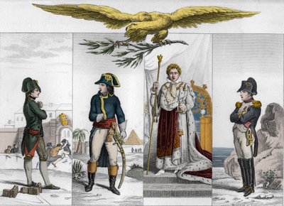 Napoleon Bonaparte (1769-1821) på fire stadier i livet - Napoleon Bonaparte (1769-1821) på forskjellige tider av sitt liv - Gravering fra 1825 i "Histoire de France representert av synoptiske malerier dedikert til Frankrikes barn og brukt til deres ut av Ambroise Tardieu