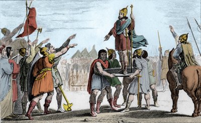 Pharamond I (c370-427), kongen av frankerne. Reist opp på et skjold av folket hans som har valgt ham til konge - Pharamond, anerkjent av francs-salianerne og gallerne gjenforent i ett folk, blir hevet på et skjold og går rundt leiren i triumf - Legen av Ambroise Tardieu