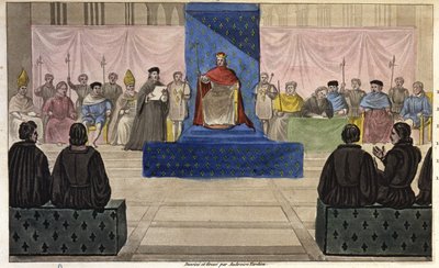 Philip IV samler på Louvre Estates General, sammensatt av presteskap, adel og fremtredende borgerlige eller tredjestater som først ble tatt opp i det i 1301 - Designet og gravert av Ambroise Tardieu i 1825. av Ambroise Tardieu