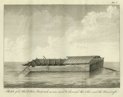 Skisse av en båt med flat bunn, slik den brukes til å gå ned i Ohio og Mississippi, publisert i 1826 av Ambroise Tardieu
