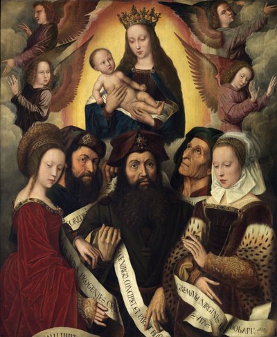Nederlandsk: Jomfru Maria med barn omgitt av engler, profeter og sibyller Deipara Virgo av Ambrosius Benson