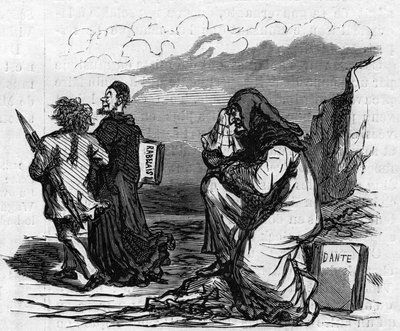 Stakkars Dante begynner å gråte når han ser Gustave Dore arm-og-arm-og-arm-ned med den lille Rabelais-mannen. Tegneserie av Cham. Gravering i "" Le Monde Illustré"" nr. 821 av 4. januar av Amédée de Noé