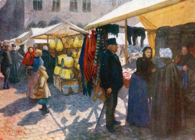 Et hjørne av markedet på Grande Place, Brugge (fargelitografi) av Amedee (after) Forestier