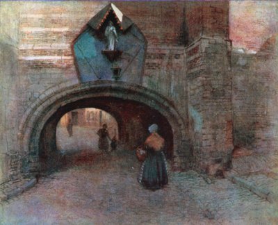 Buegang under Vieille Boucherie, Antwerpen (farge litho) av Amedee (after) Forestier