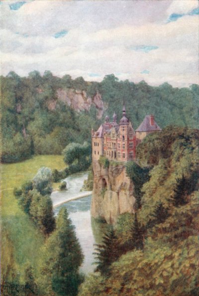 Chateau de Walzin, i Lesse-dalen (fargelitografi) av Amedee (after) Forestier