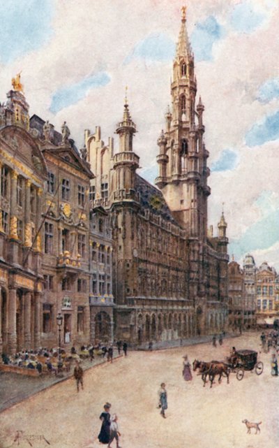Rådhuset, Brussel (viser Bryggerhuset, Svanehuset og Stjernehuset) (fargelitografi) av Amedee (after) Forestier