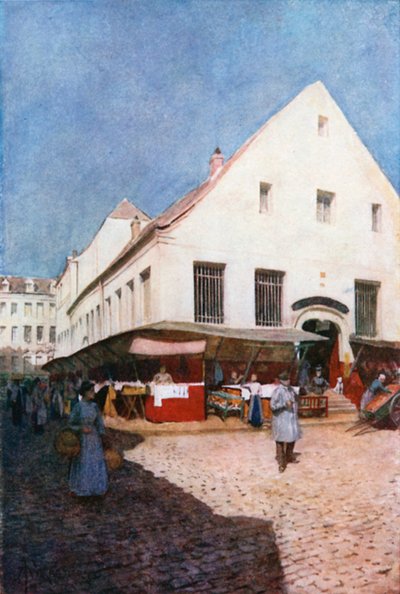 Den gamle slakterbutikken, Liège (fargelitografi) av Amedee (after) Forestier
