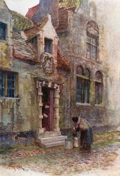Maison du Pelican (Almshouse), Brugge (farge litho) av Amedee (after) Forestier