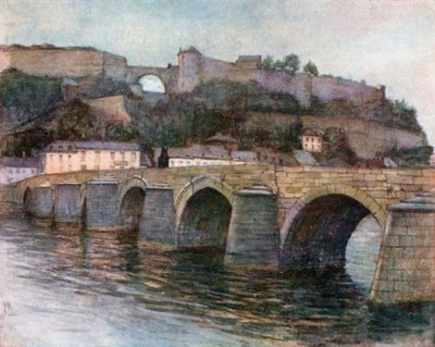 Jambes Bridge and Citadel, Namur (farge litho) av Amedee (after) Forestier