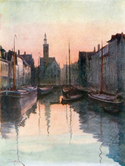 Mirror Quay, Brugge (fargelitografi) av Amedee (after) Forestier