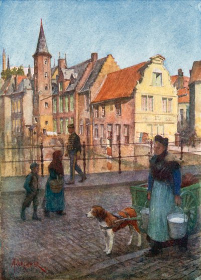 Quai du Rosaire, Brugge (farge litho) av Amedee (after) Forestier
