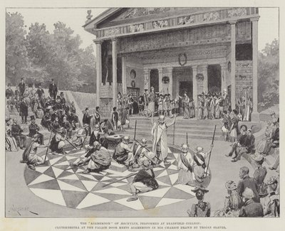"Agamemnon" til Aeschylus, fremført på Bradfield College, Clytemnestra ved Palace Door møter Agamemnon i sin vogn tegnet av hans trojanske slaver (litho) av Amedee (after) Forestier