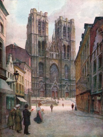 Ste Gudule-katedralen, Brussel (fargelitografi) av Amedee (after) Forestier