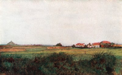 Gården La Belle Alliance og haugen med den belgiske løven på toppen, Waterloo (fargelitografi) av Amedee (after) Forestier