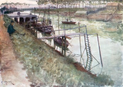 Kaien, med ålebåter og landingsplasser, Nieuport (fargelitografi) av Amedee (after) Forestier