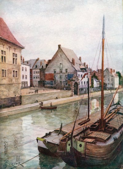 Elven Sambre sett fra Pont de Sambre, Namur (farge litho) av Amedee (after) Forestier