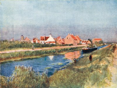 Landsby og kanal, Adinkerque (fargelitografi) av Amedee (after) Forestier