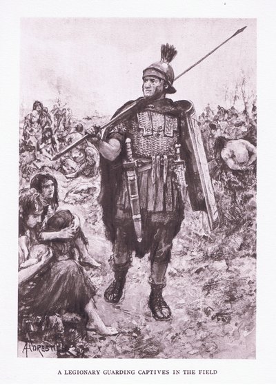 En legionær som vokter fanger i et felt, illustrasjon fra The Roman Soldier, 1928 av Amedee Forestier