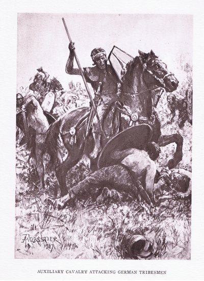 Hjelpekavaleri angriper tyske stammemenn, illustrasjon fra The Roman Soldier, 1928 av Amedee Forestier