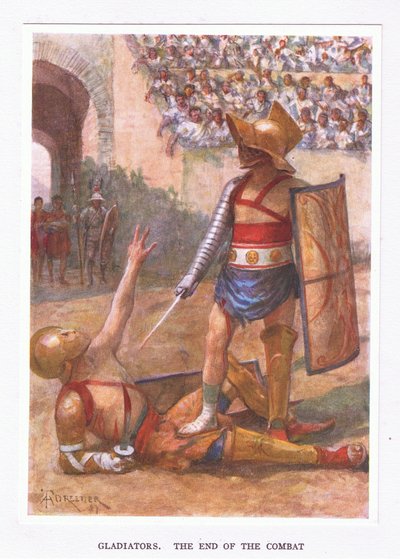 Gladiatorer, slutten av kampen, illustrasjon fra The Roman Soldier, 1928 av Amedee Forestier