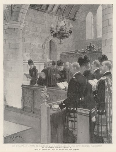 Kong Edward VII på Balmoral, Hans Majestet og Dronning Alexandra deltar på gudstjeneste i Crathie Parish Church om morgenen søndag 6. oktober av Amedee Forestier