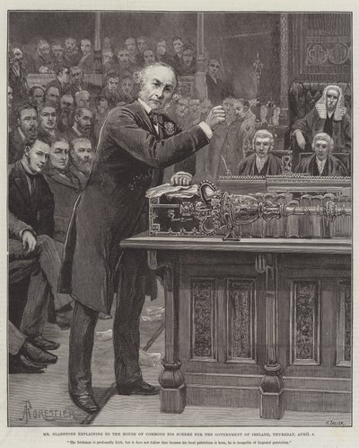 Mr Gladstone forklarer til Underhuset sin ordning for regjeringen i Irland, torsdag 8. april av Amedee Forestier