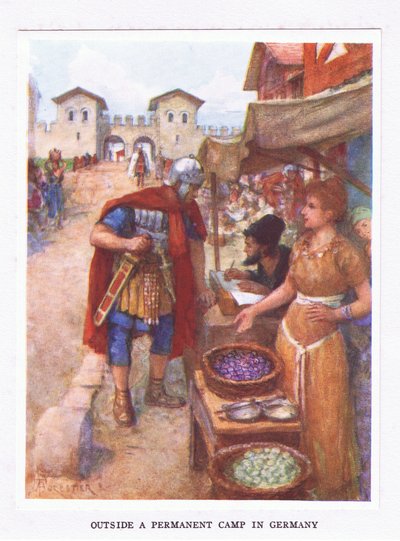 Utenfor en permanent leir i Tyskland, illustrasjon fra The Roman Soldier, 1928 av Amedee Forestier