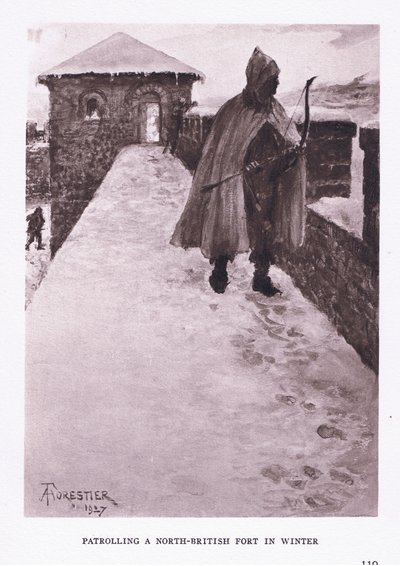 Patruljerer et nord-britisk fort om vinteren, illustrasjon fra The Roman Soldier, 1928 av Amedee Forestier