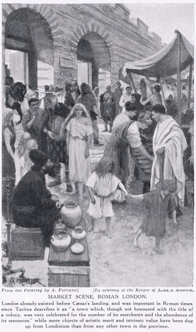 Romersk markedsscene, London, illustrasjon fra 'Hutchinson's History of the Nations', ca. 1910 av Amedee Forestier