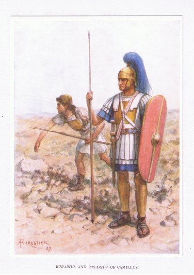 Rorarius og Triarius ved Camillus, illustrasjon fra The Roman Soldier, 1928 av Amedee Forestier