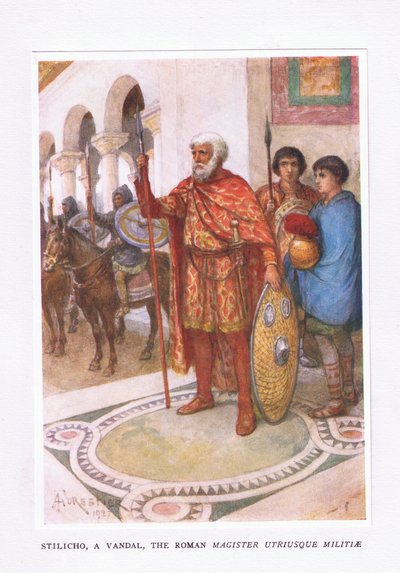 Stiliko, en vandal, The Roman Magister Utriusque Militiae, illustrasjon fra The Roman Soldier, 1928 av Amedee Forestier