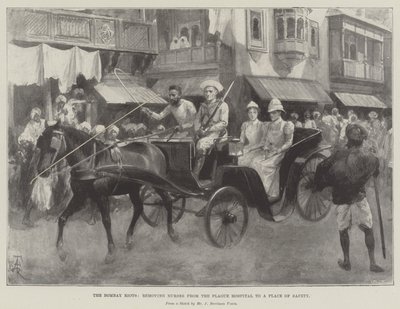 The Bombay Riots, fjerner sykepleiere fra pestsykehuset til et trygt sted av Amedee Forestier