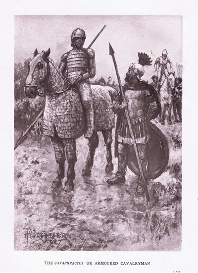 Cataphractus eller pansret kavalerist, illustrasjon fra The Roman Soldier, 1928 av Amedee Forestier