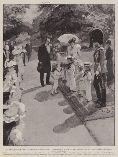 The Heir-Presumptive and the Children of Paddington, presentasjon av en gullbeger til prins Edward av Wales av mester Jack Aird av Amedee Forestier