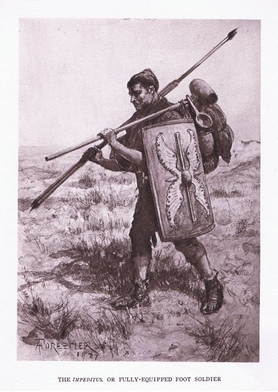 Impeditus eller fullt utstyrt fotsoldat, illustrasjon fra The Roman Soldier, 1928 av Amedee Forestier