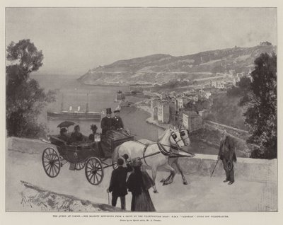 Dronningen på Cimiez, Hennes Majestet kommer tilbake fra en kjøretur ved Villefranche Road, HMS Cambrian liggende utenfor Villefranche av Amedee Forestier